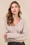 Lulus Coquette Cozy Heather Taupe Long Sleeve Bow Pullover Sweater In Taupe
