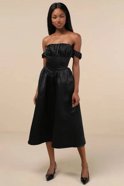 Lulus Coquette Essence Black Satin Off-the-shoulder Lace-up Midi Dress