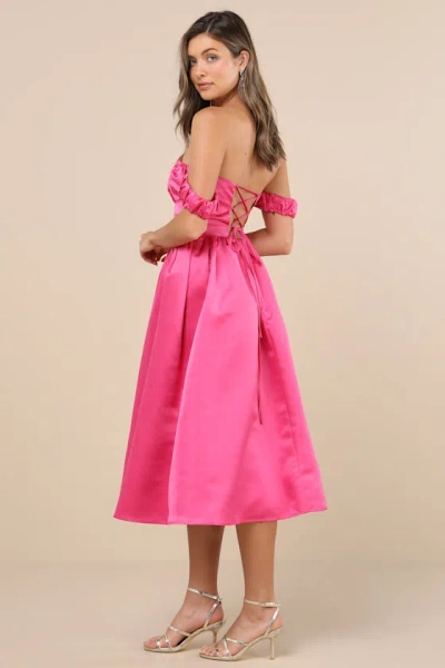 Lulus Coquette Essence Pink Satin Off-the-shoulder Lace-up Midi Dress