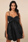 Lulus Coquettish Charm Black Bubble Hem Bow Mini Dress With Pockets In Black
