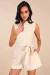 Lulus Corbett Beige Gauzy Collared Belted Sleeveless Romper In Beige