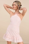Lulus Corilie Pink And White Striped Halter Mini Dress In Pink And White