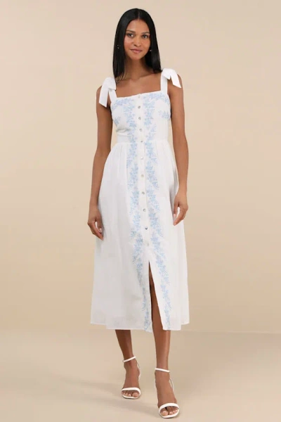 Lulus Corinthia White Embroidered Button-front Midi Dress