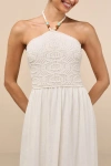 Lulus Cosma Ivory Beaded Crochet Knit Halter Midi Dress