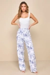 LULUS COUNTRYSIDE CUTIE WHITE FLORAL PRINT LINEN HIGH-RISE PANTS