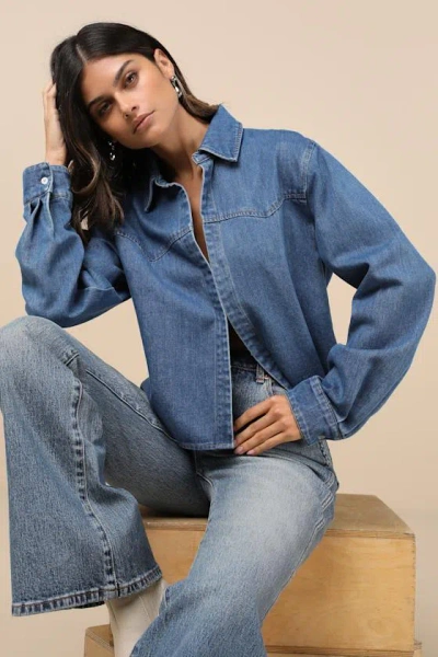 Lulus Countryside Perfection Medium Wash Denim Long Sleeve Top In Blue