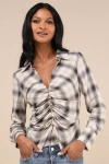 Lulus Countryside Style Beige And Navy Plaid Button-front Top In Navy