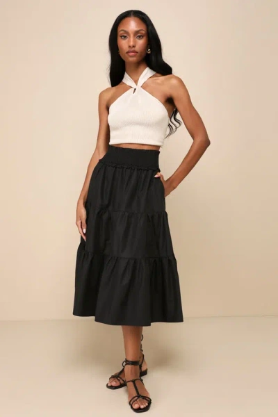Lulus Covetable Charm Black Poplin Tiered Midi Skirt
