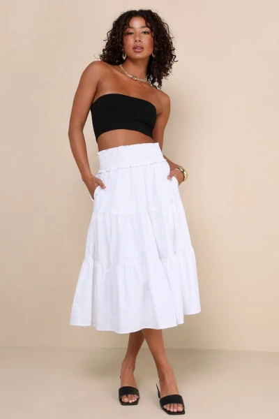 Lulus Covetable Charm White Poplin Tiered Midi Skirt
