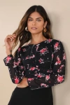 Lulus Covetable Pick Black Floral Textured Ruched Long Sleeve Top In Black