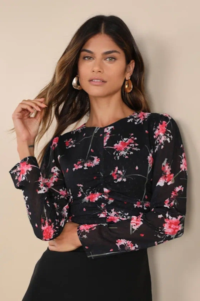 Lulus Covetable Pick Black Floral Textured Ruched Long Sleeve Top