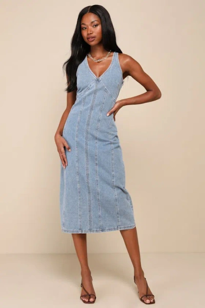 Lulus Covetable Sweetie Medium Wash Denim Sleeveless Midi Dress In Blue |  ModeSens