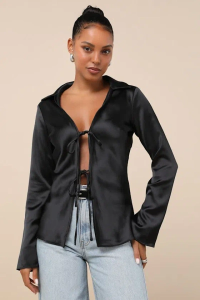 Lulus Coveted Aesthetic Black Tie-front Long Sleeve Collared Top