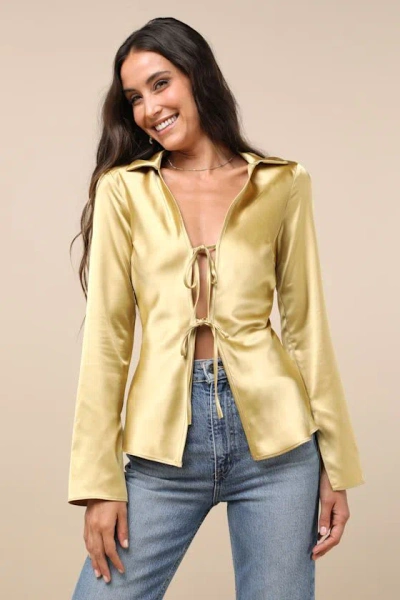 Lulus Coveted Aesthetic Gold Tie-front Long Sleeve Collared Top