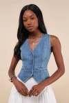 Lulus Coveted Appeal Medium Wash Denim Vest In Blue