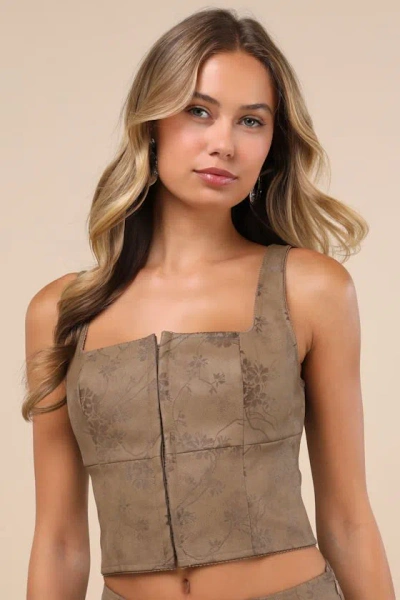 Lulus Coveted Brown Floral Vegan Leather Bustier Crop Top