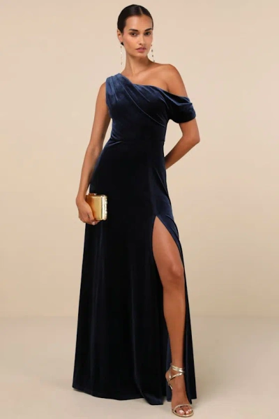 Lulus Coveted Confidence Navy Blue Velvet Asymmetrical Maxi Dress