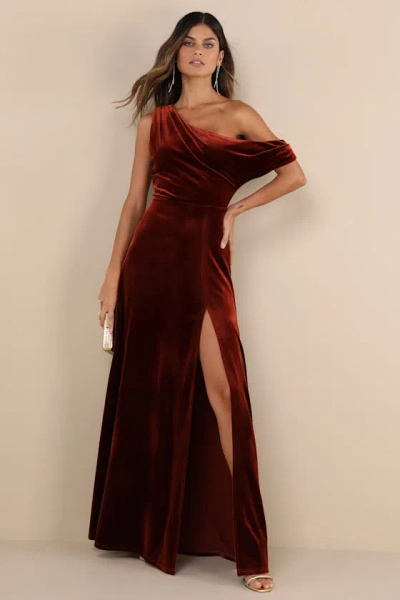 Lulus Coveted Confidence Rust Orange Velvet Asymmetrical Maxi Dress