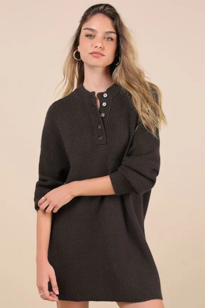 Lulus Coveted Coziness Brown Long Sleeve Henley Sweater Mini Dress