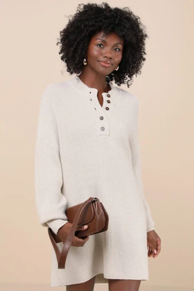 Lulus Coveted Coziness Ivory Long Sleeve Henley Sweater Mini Dress