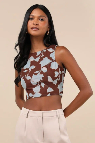 Lulus Coveted Essence Brown Floral Mesh Cutout Tie-back Crop Tank Top