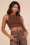 Lulus Coveted Essence Dark Brown Mesh Cutout Tie-back Crop Tank Top In Brown