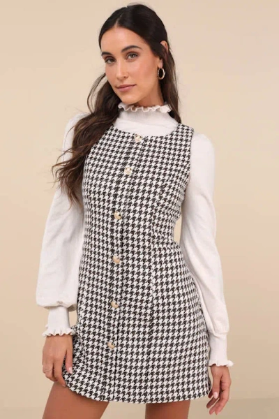 Lulus Coveted Poise Brown Houndstooth Button-front Shift Mini Dress