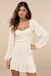 Lulus Coveted Sweetness Cream Pointelle Knit Long Sleeve Mini Dress In White