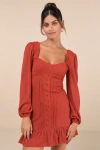 Lulus Coveted Sweetness Rust Pointelle Knit Long Sleeve Mini Dress In Orange