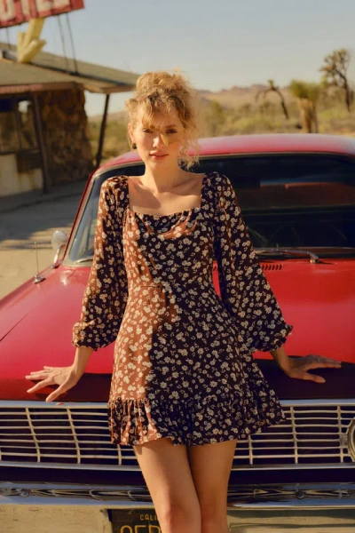 Lulus Coy Charm Brown Floral Print Long Sleeve Mini Dress