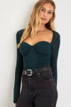 Lulus Coy Cutie Dark Green Mesh Bustier Long Sleeve Crop Top In Dark Green
