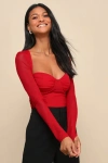 Lulus Coy Cutie Red Mesh Bustier Long Sleeve Crop Top In Red