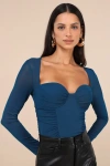 Lulus Coy Cutie Teal Blue Mesh Bustier Long Sleeve Crop Top In Teal Blue
