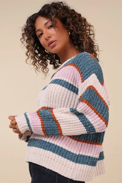 Lulus Coziest Cuddles Ivory Multi Striped Chenille Sweater