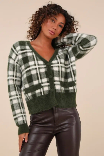 Lulus Coziest Dream Dark Green And Ivory Plaid Eyelash Knit Cardigan