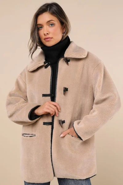 Lulus Coziest Forecast Beige Shearling Collared Toggle Coat
