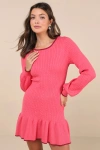 Lulus Coziest Poise Pink Cable Knit Long Sleeve Sweater Mini Dress In Pink