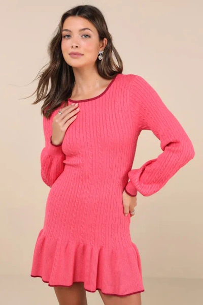 Lulus Coziest Poise Pink Cable Knit Long Sleeve Sweater Mini Dress