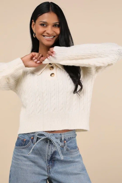 Lulus Cozy Agenda Cream Collared Cable Knit Sweater In White