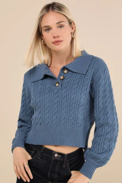 Lulus Cozy Agenda Dark Blue Collared Cable Knit Sweater
