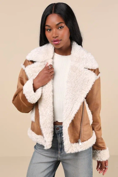 Lulus Cozy Allover Brown Vegan Leather Shearling Trim Moto Jacket