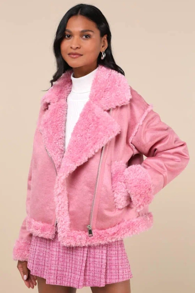 Lulus Cozy Allover Pink Vegan Leather Shearling Trim Moto Jacket