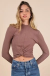 Lulus Cozy Being Brown Pointelle Knit Twist-front Long Sleeve Top In Brown