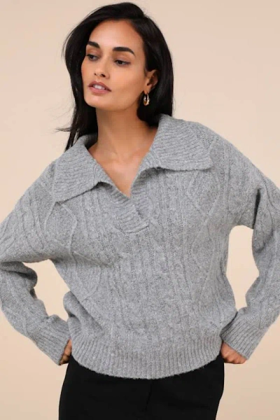 Lulus Cozy Conclusion Heather Grey Cable Knit Collared Sweater
