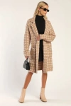 Lulus Cozy Conditions Tan And White Knit Plaid Coatigan In Tan And White