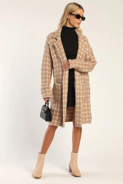 Lulus Cozy Conditions Tan And White Knit Plaid Coatigan
