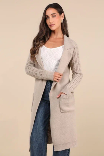 Lulus Cozy Effect Taupe Cable Knit Duster Cardigan