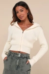 Lulus Cozy Inclination Ivory Cropped Zip-front Collared Sweater In Ivory
