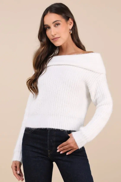 Lulus Cozy Outcome Ivory Fuzzy Off-the-shoulder Sweater
