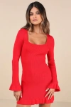 Lulus Cozy Outlook Red Long Sleeve Sweater Mini Dress In Red